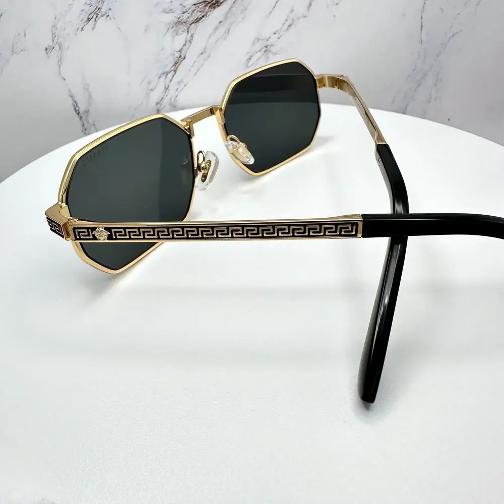 New VERSACE Sunglasses Gold Metal Rectangle Greca Logo Grey Lens Retro Authentic